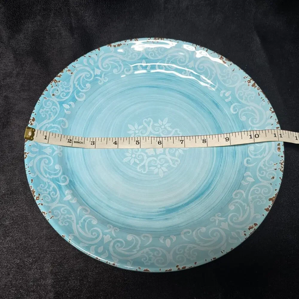 Cynthia Rowley Melamine Blue Rustic Crackle Scroll Dinner Plates 11